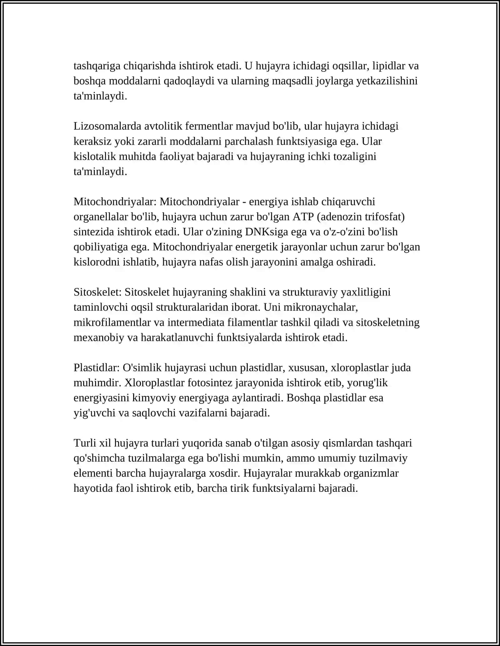 MUSTAQIL ISH Mavzu: HUJAYRA TUZULISHI. HUJAYRA NAZARIYASI. HAYVON VA ODAM XRAMASOMALARNING MORFOFUNKSIONAL XARAKTERIKASI 4