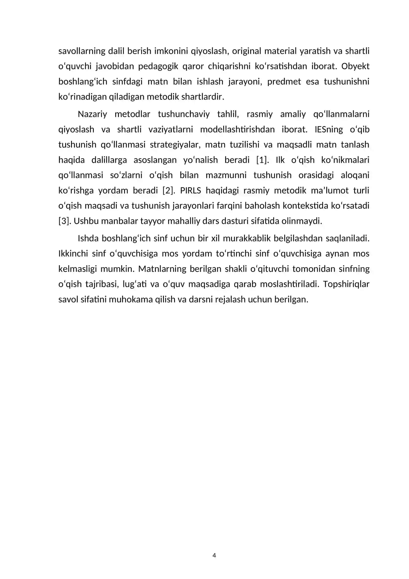Boshlang‘ich sinfda o‘qib tushunishni rivojlantirishning nazariy va metodik asoslari — kurs ishi namunasi 4