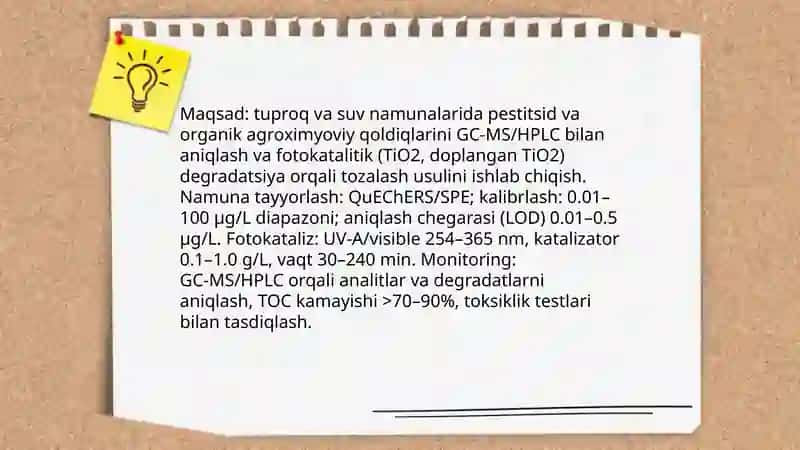 Tuproq va suvning ifloslanishida birikmalarni aniqlab, ulardan tozalash usulini ishlab chiqarish 4