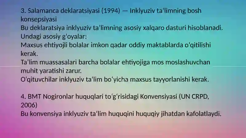 Inklyuziv ta’limning huquqiy asoslari xalqaro hujjatlarda  tahlil qilish 4