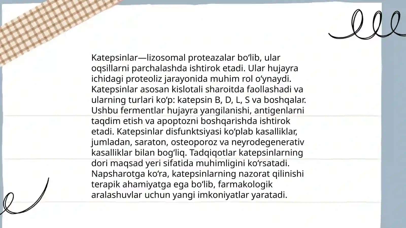 Katepsinlar ularning klinik ahamiyati. Neytromediyatorlar biosintezi,ahamiyati va kasalliklari. Folat kislotaning yetishmovchiligi,Sulfanilamid preparatlarning bakteriostatik ta’sir mexanizmi 4