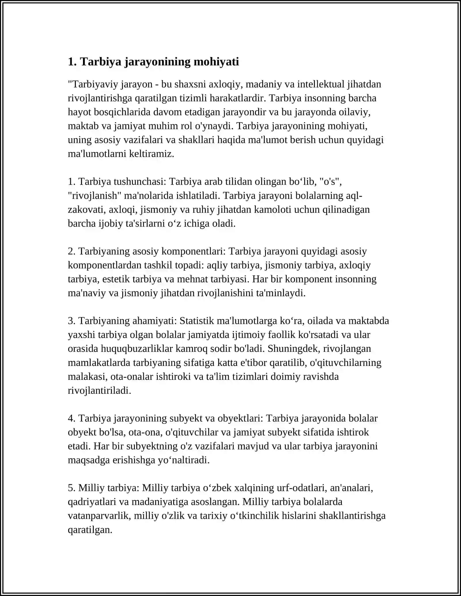 UMUMIY PEDAGOGIKA DARSIDATARBIYA JARAYONINING MOHIYATI, MAZMUNI, TARBIYA TAMOYILLARI VA METODLARI 4
