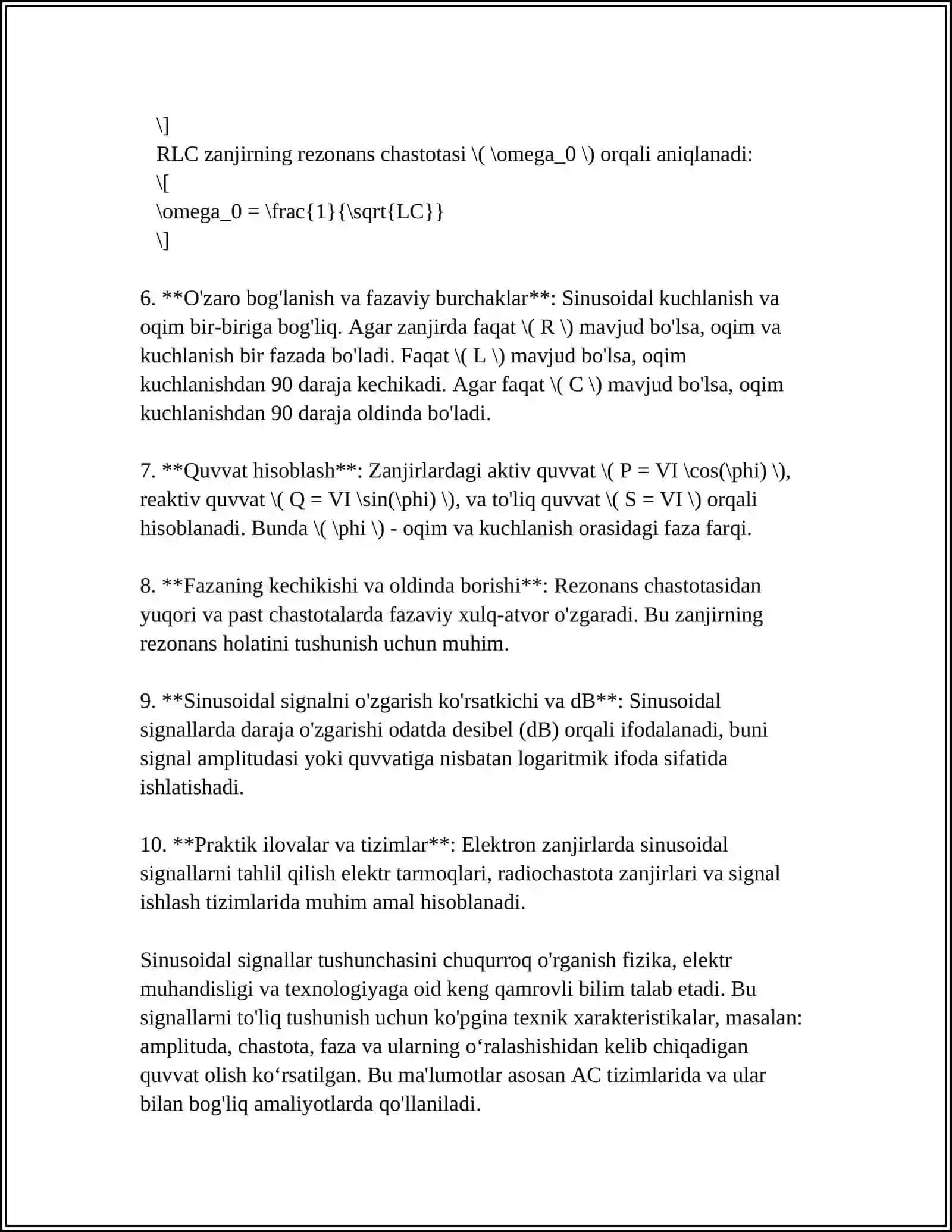 ELEKTR ZANJIRLARGA SINUSOIDAL SIGNAL TA'SIRDAGI XUSUSIYATLARINI HISOBLASH ELEKTR ZANJIRLARINING CHASTOTA XUSUSIYATLARI 4