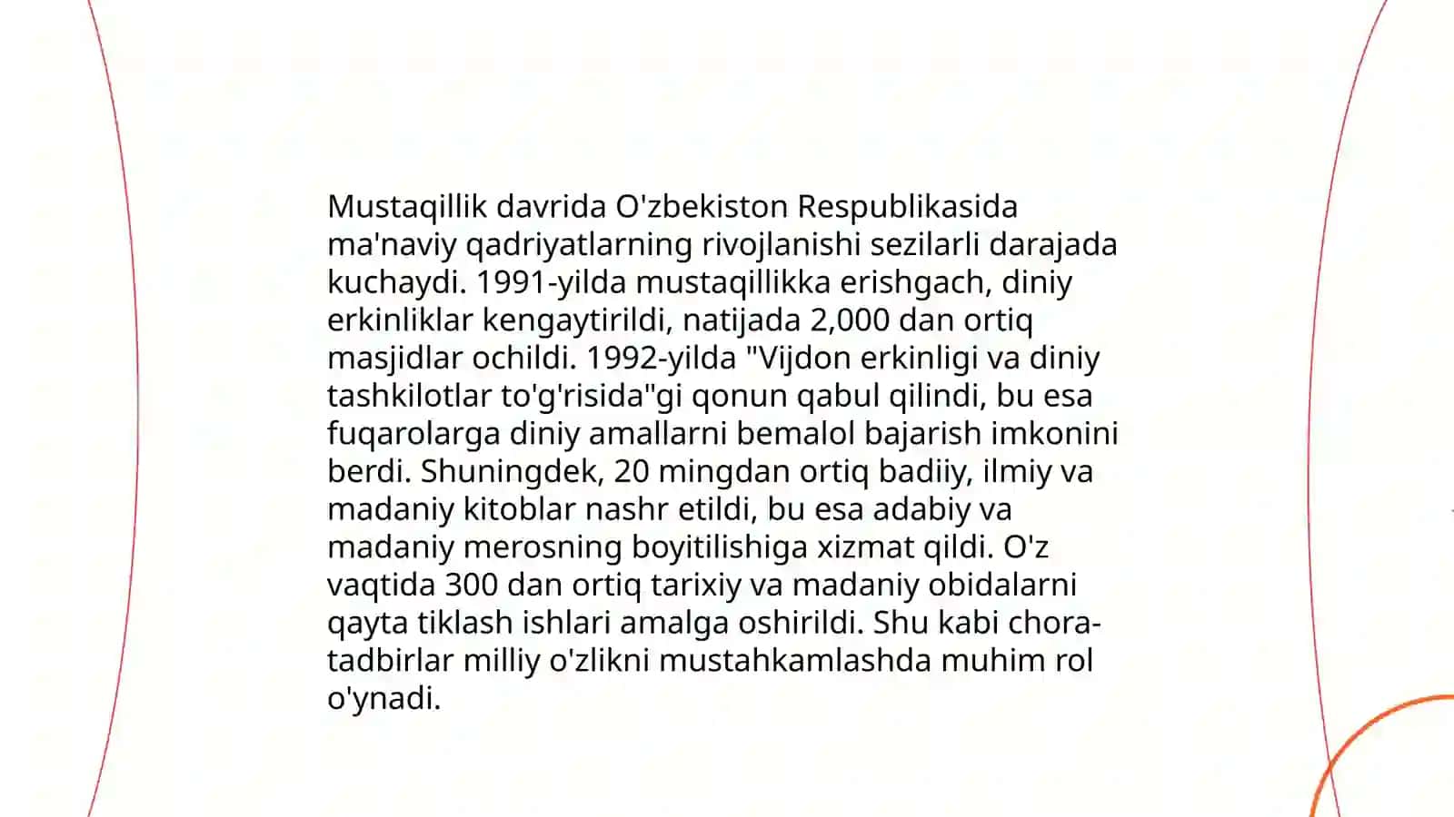Mustaqillik yillarida oʻzbekistondagi ma'naviy va madaniy taraqqiyot 4