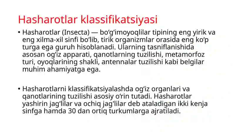 Hasharotlar klassifikatsiyasi 4
