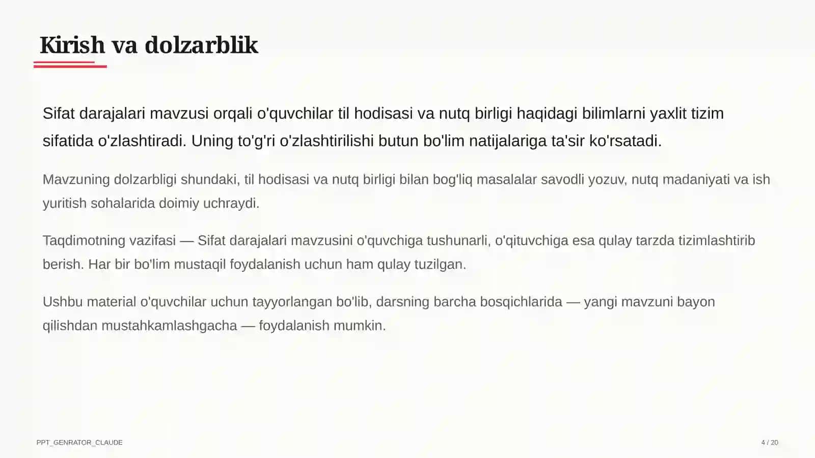 Sifat darajalari (6-sinf) Ona tili (5– 11) — o'quvchilar uchun 4