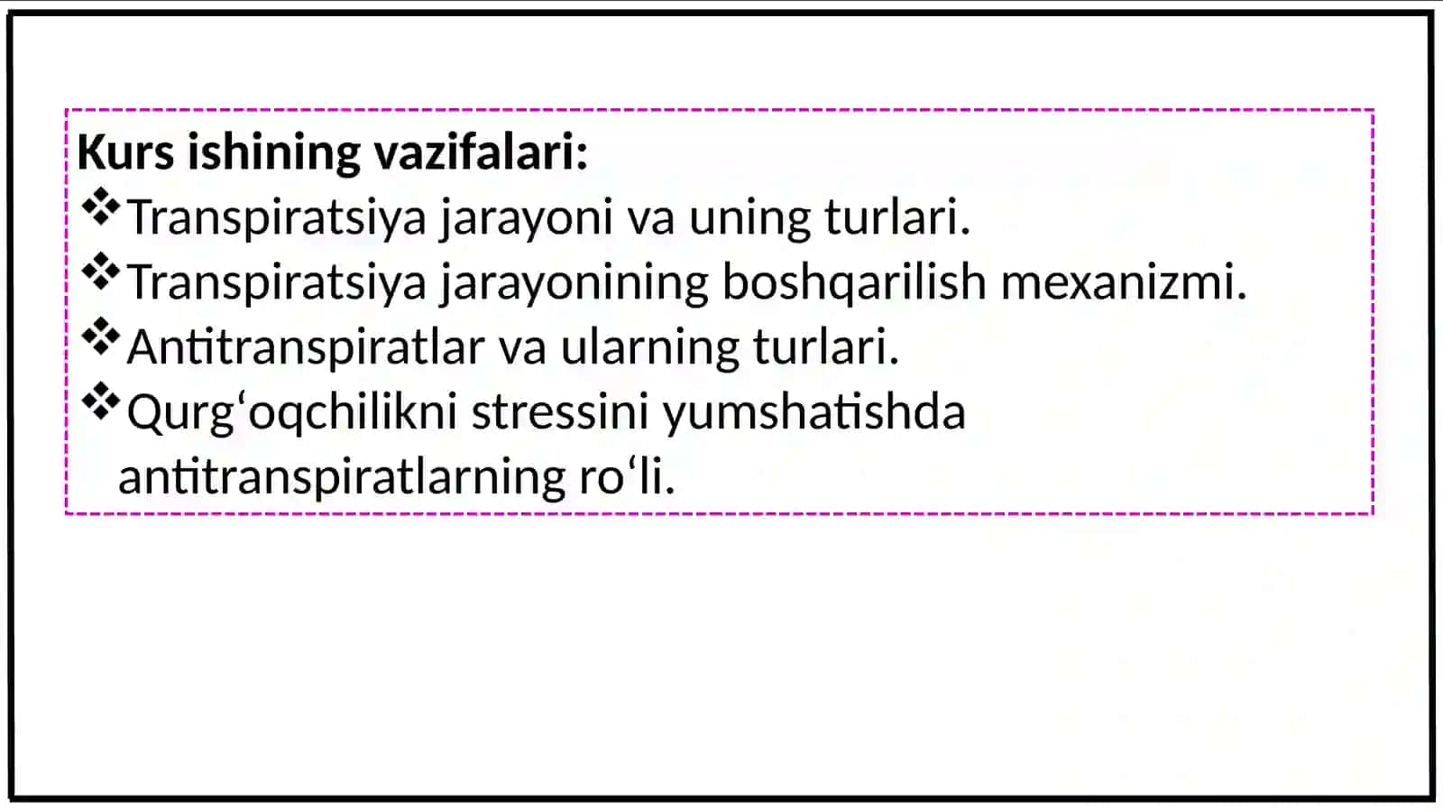O‘ZBEKISTON RESPUBLIKASI OLIY TA’LIM, FAN VA INNOVATSIYALAR VAZIRLIGI NAMANGAN DAVLAT UNIVERSITETI BIOTEXNOLOGIYA FAKULTETI BIOLOGIYA YO`NALISHI 4