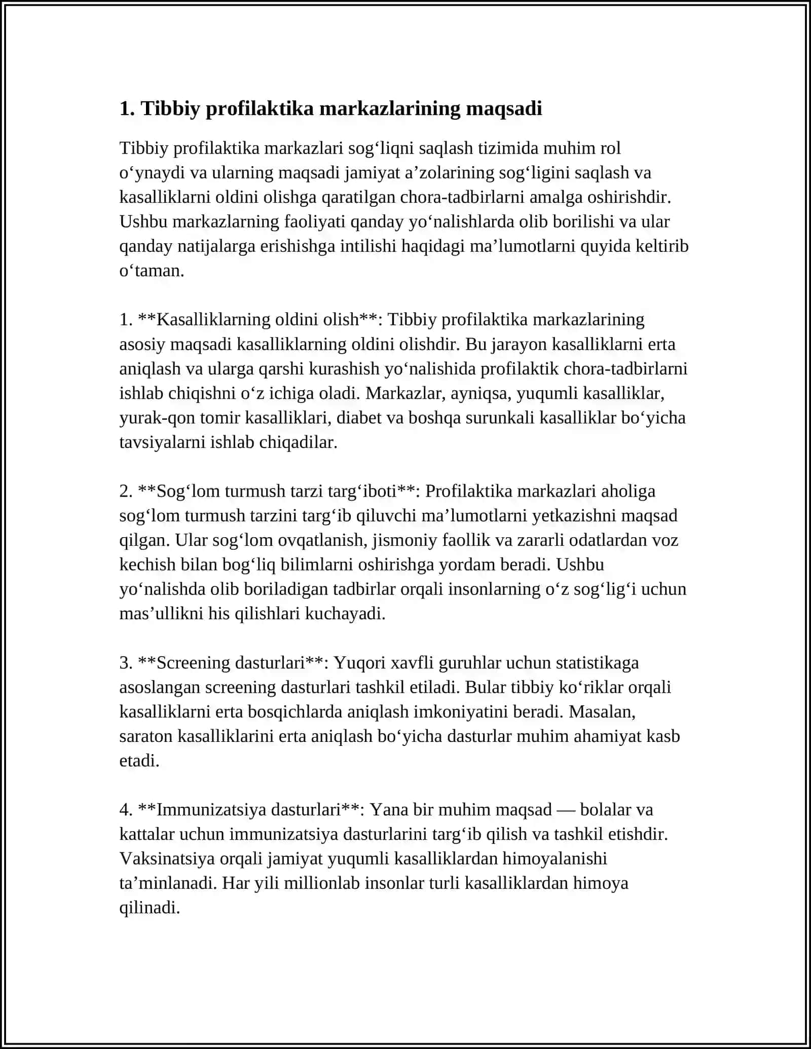 MUSTAQIL ISH Mavzu: TIBBIY PROFILAKTIKA MARKAZLARI BOLIMLARI, SOGLOMLASHTRISH MARKAZLARINING MAQSADI VA VAZIFALARI HAQIDA 4