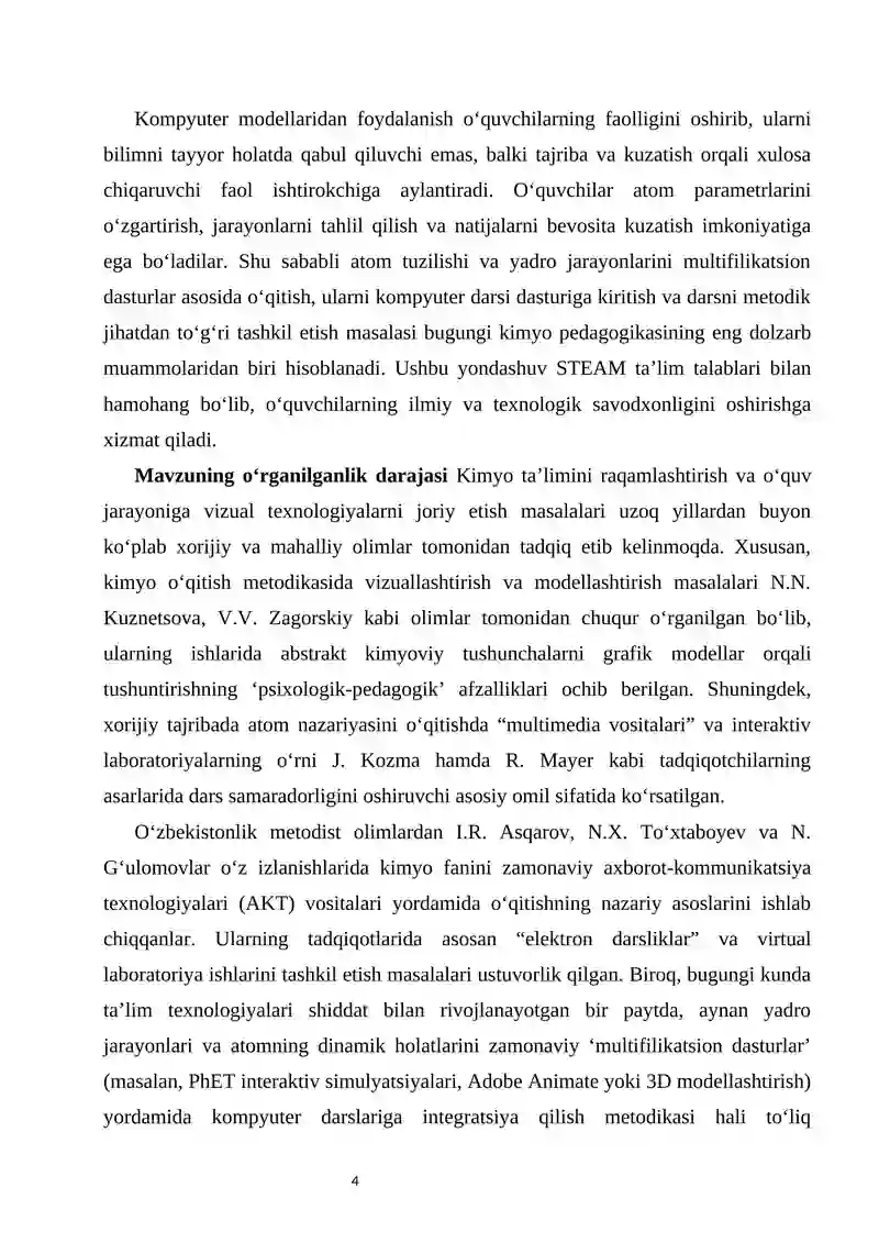 Atom tuzilishi va yadro jarayonlarini multifilikatsiya qilish kompyuter darsi dasturiga kiritish va darsni o'tkazish metodikasi. 4