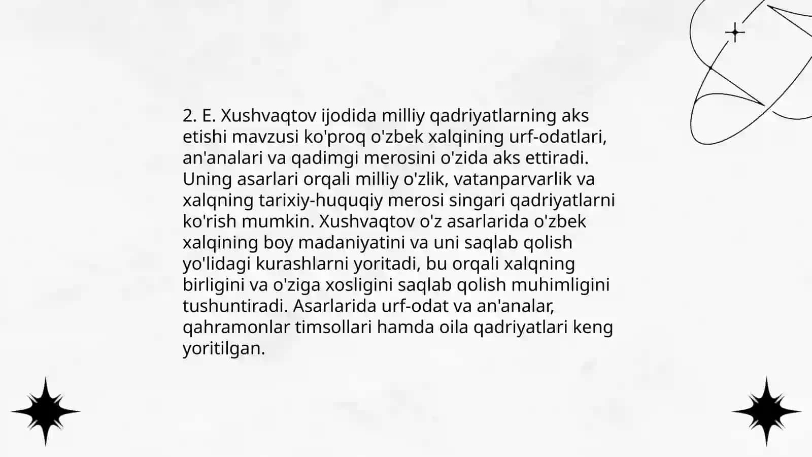 Mustaqillik davri dramatik asarlarida milliy qadriyat. E.Xushvaqtovning "Qirmizi olma" va "Chimildiq" asarlari misolida 4