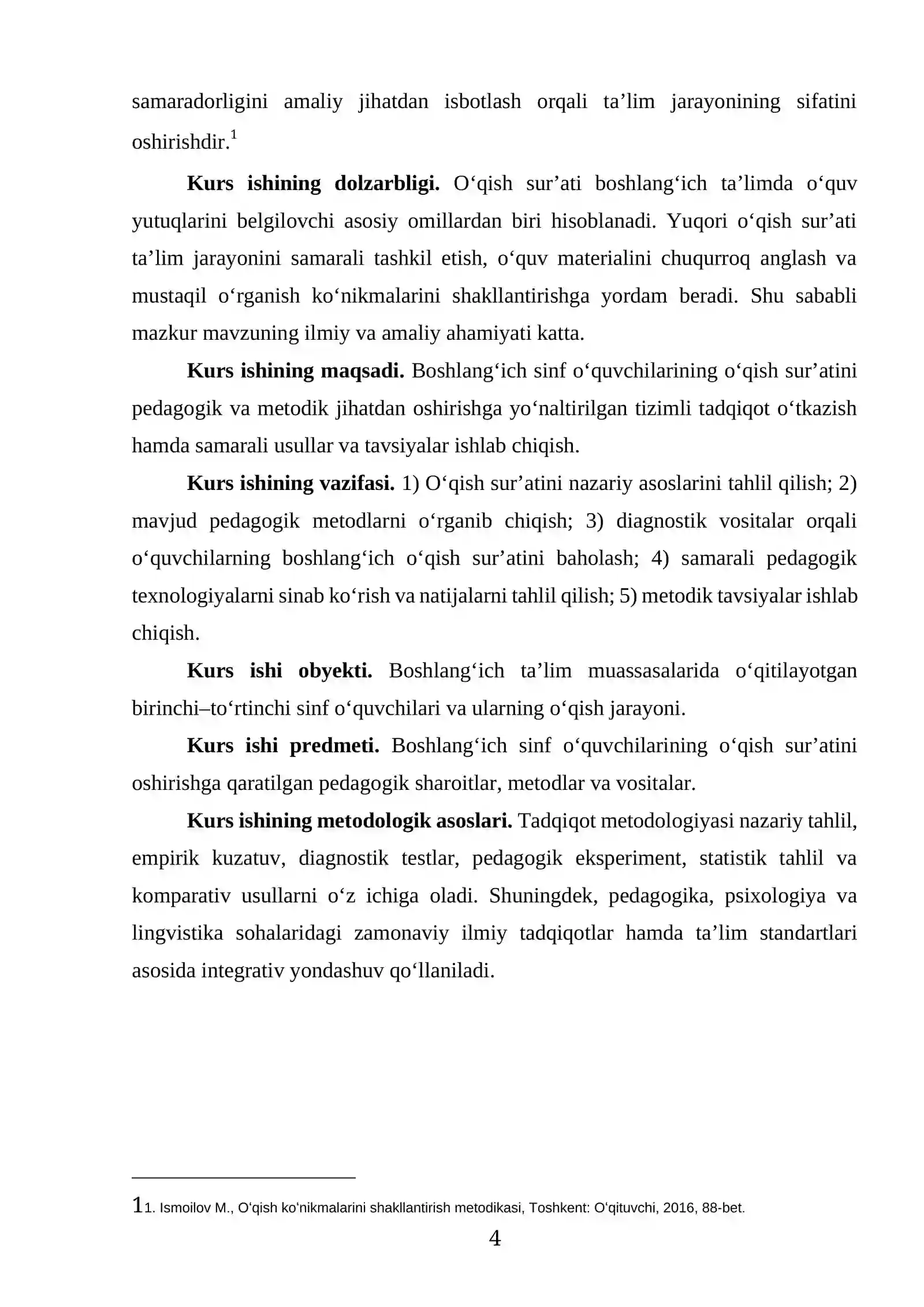 "BOSHLANGʻICH SINF OʻQUVCHILARINING OʻQISH SURATINI OSHIRISH" KURS ISHI 4