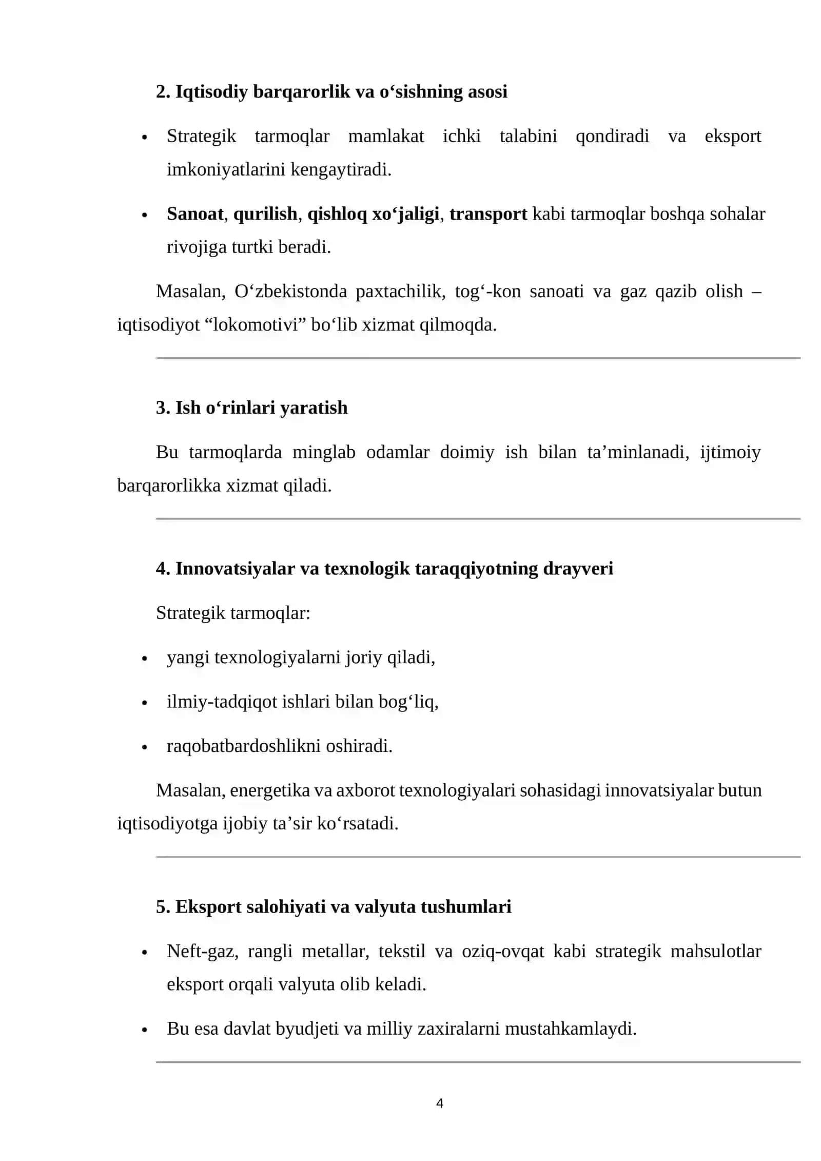 Strategik ahamiyatga ega tarmoqlarning milliy iqtisodiyotimizdagi o'rni 4