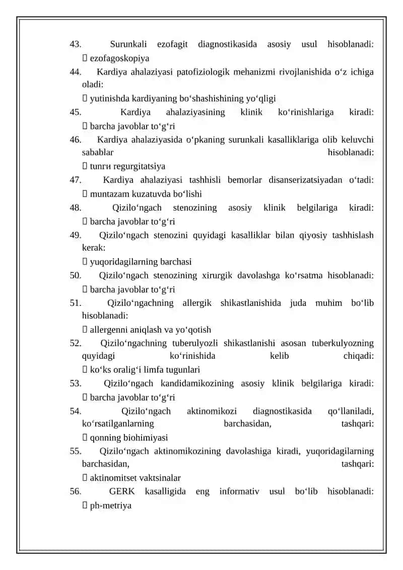 Gastroenterologiya mutaxassisligi boʻyicha shakllantirilgan test savollari roʻyxati 4