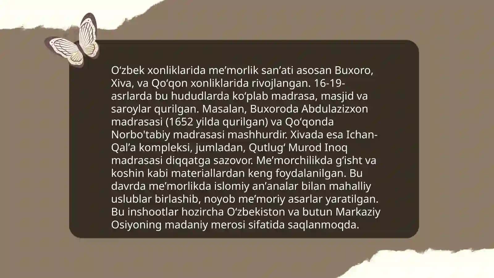 XVI-XIX Asrlarda O'zbek xonliklari madaniyati va sanʼati 4