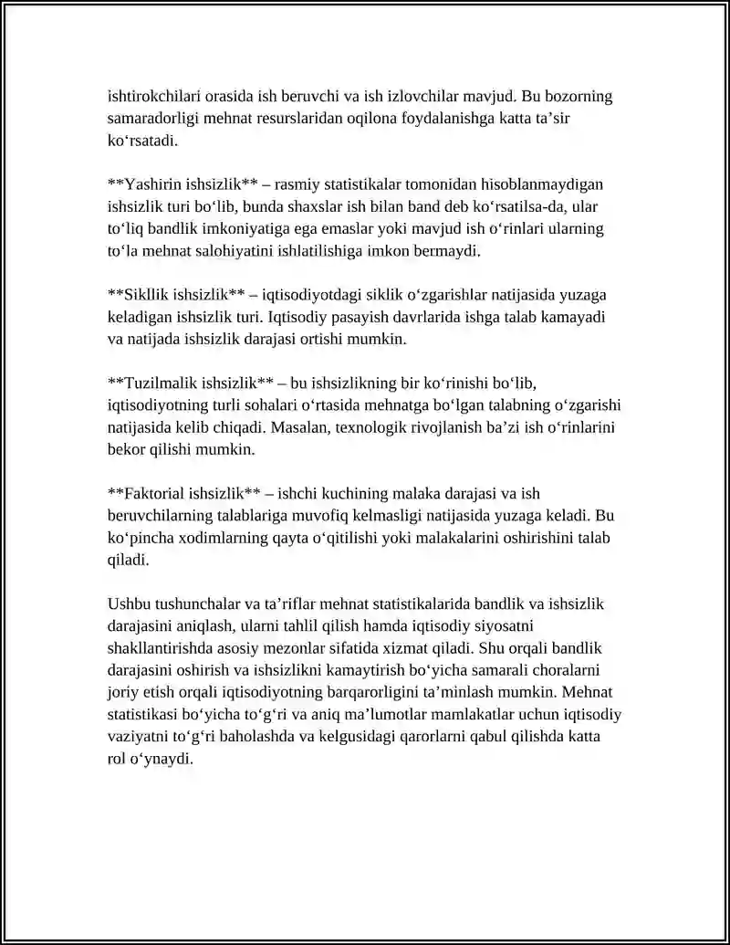 MEHNAT STATISTIKA:BANDLIK VA ISHSIZLIK KO‘RSATKICHLARI 4