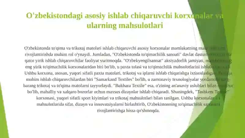 To'qima va trikotaj matolari asortimentlari va O'zbekistonda ishlab chiqaradigan korxonalar 4