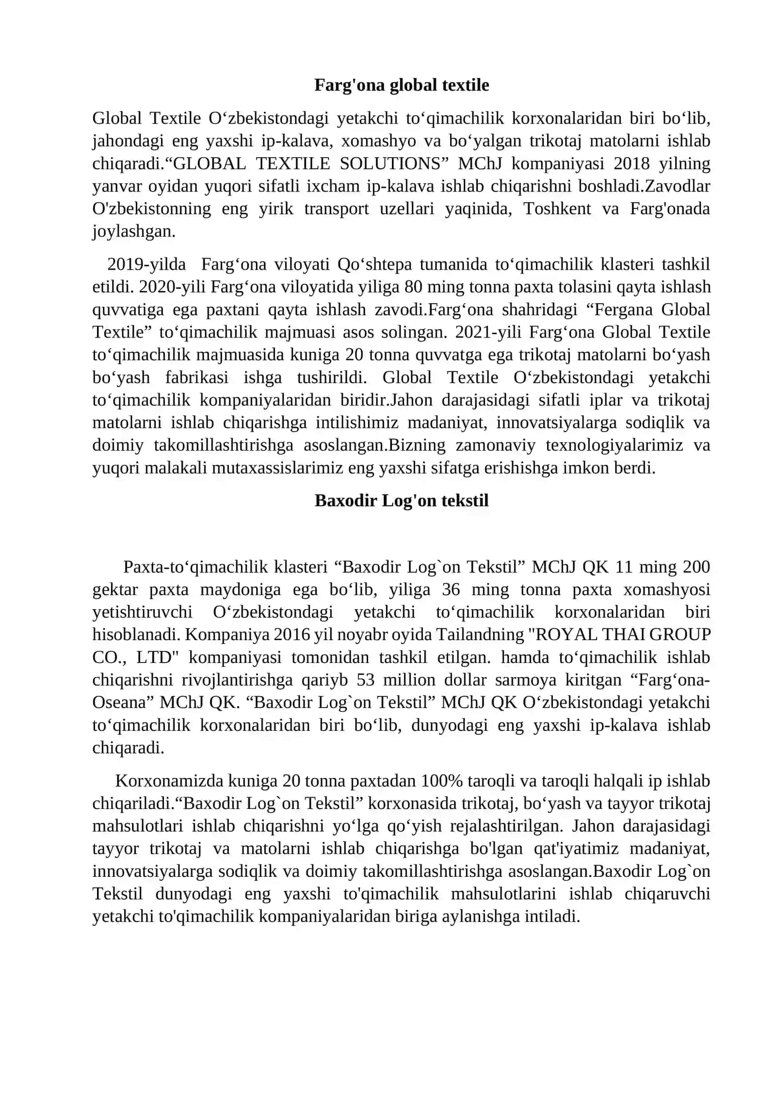 "Farg’ona viloyati Farg’ona shaharni Voile assortimentdagi to’qima ishlab chiqarish korxonasini loyihalash" 4