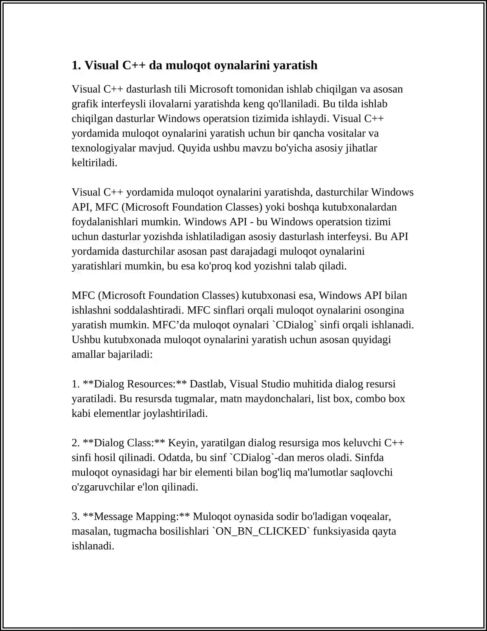 VISUAL C++ MUHITIDA MULOQOT OYNALARI VA ULARNI SOZLASH, BOSHQARISH ELEMENTLARI 4