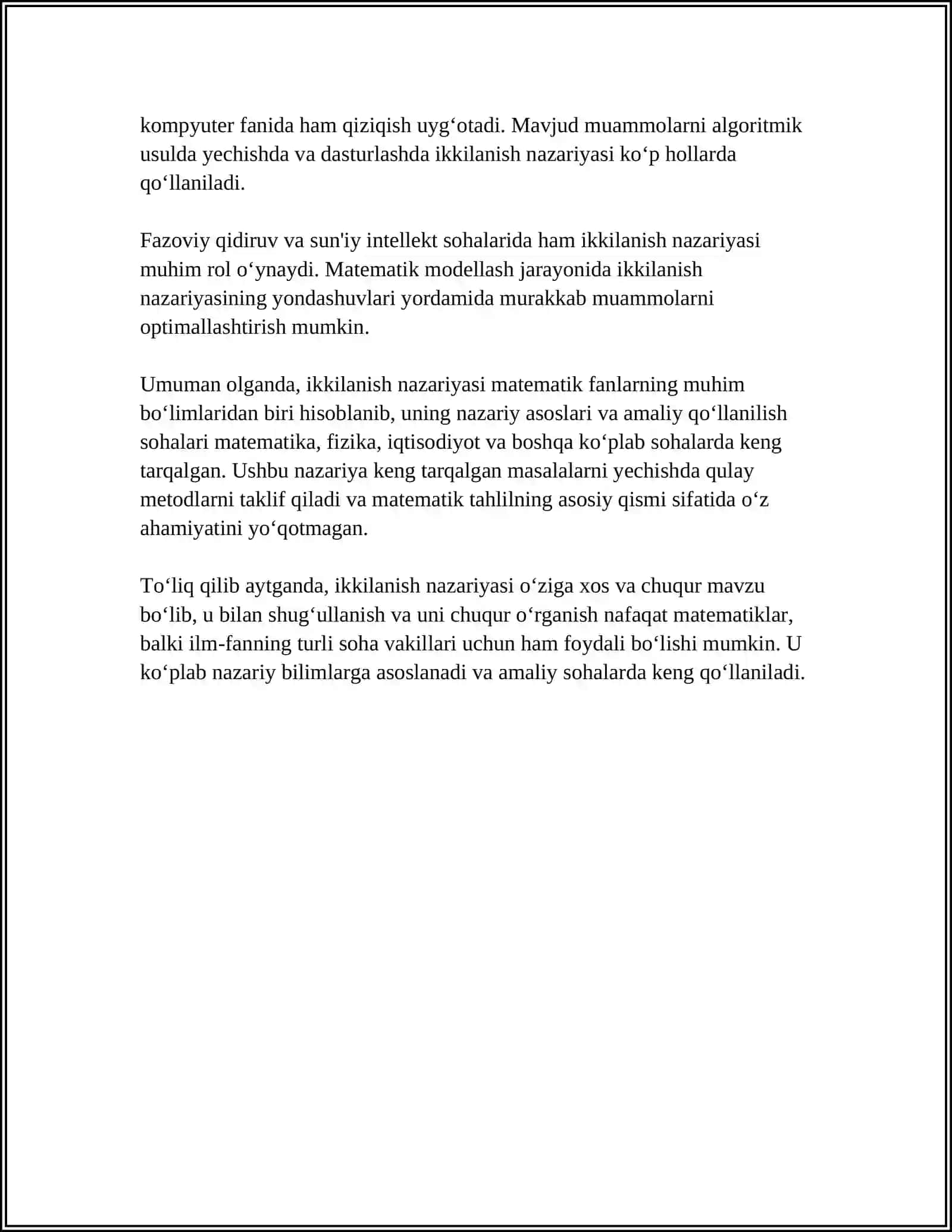 IKKILANISH NAZARYASI ASOSIDA IQTSODIY MASALALARNI YECHIMINI TAXLIL QILISH 4