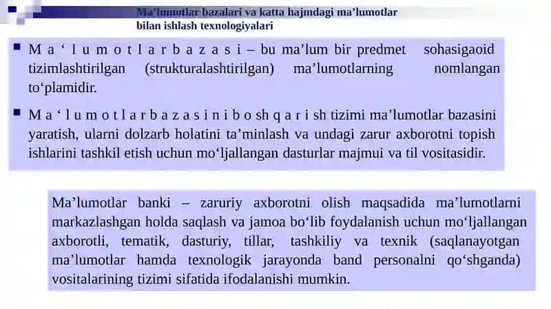 Ma’lumotlar bazalari va katta hajmli ma’lumotlar bilan ishlash texnologiyalari 4