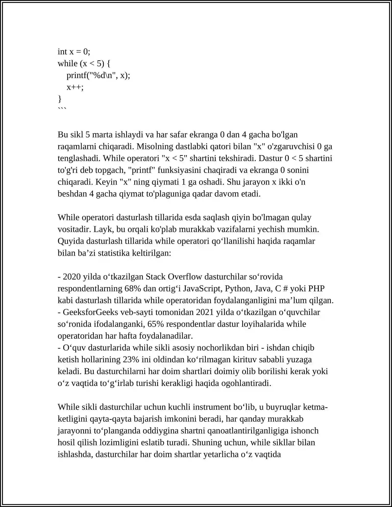 PYTHON DASTURLASH TILI WHILE OPERATORI VA UNING QOʻLLANILISHIGA DOIR MISOLLAR 4