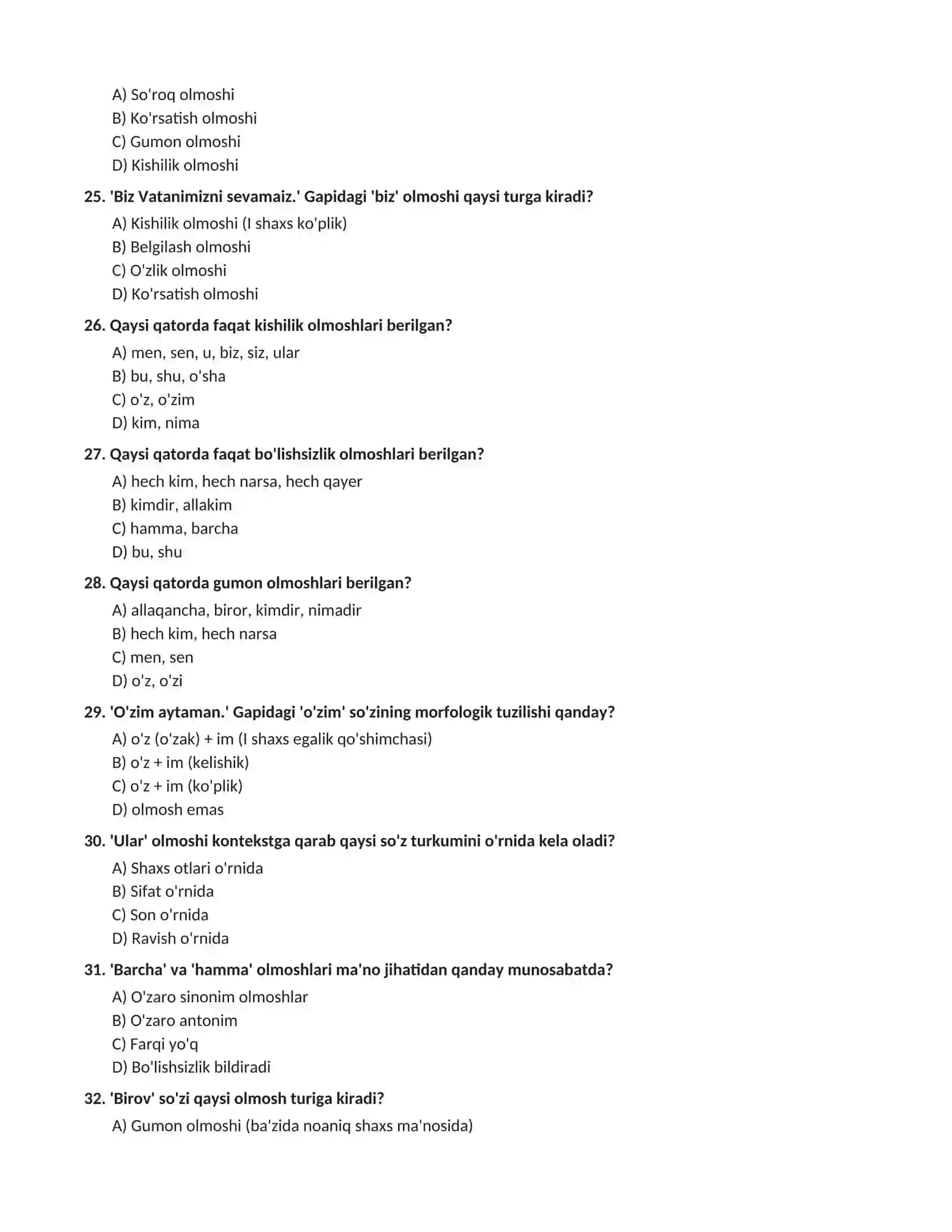 ONA TILI: OLMOSH SO'Z TURKUMI BO'YICHA TEST TOPSHIRIQLARI  (100 ta test va kalitlar) 4