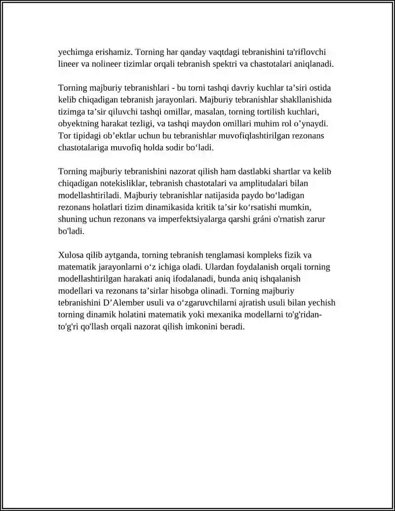 TORNING TEBRANISH TENGLAMASINI DALAMBER USULI VA O‘ZGARUVCHILARINI AJRATISH (FURE) USULI BILAN YECHISH. TORNING MAJBURIY TEBRANISHI 4