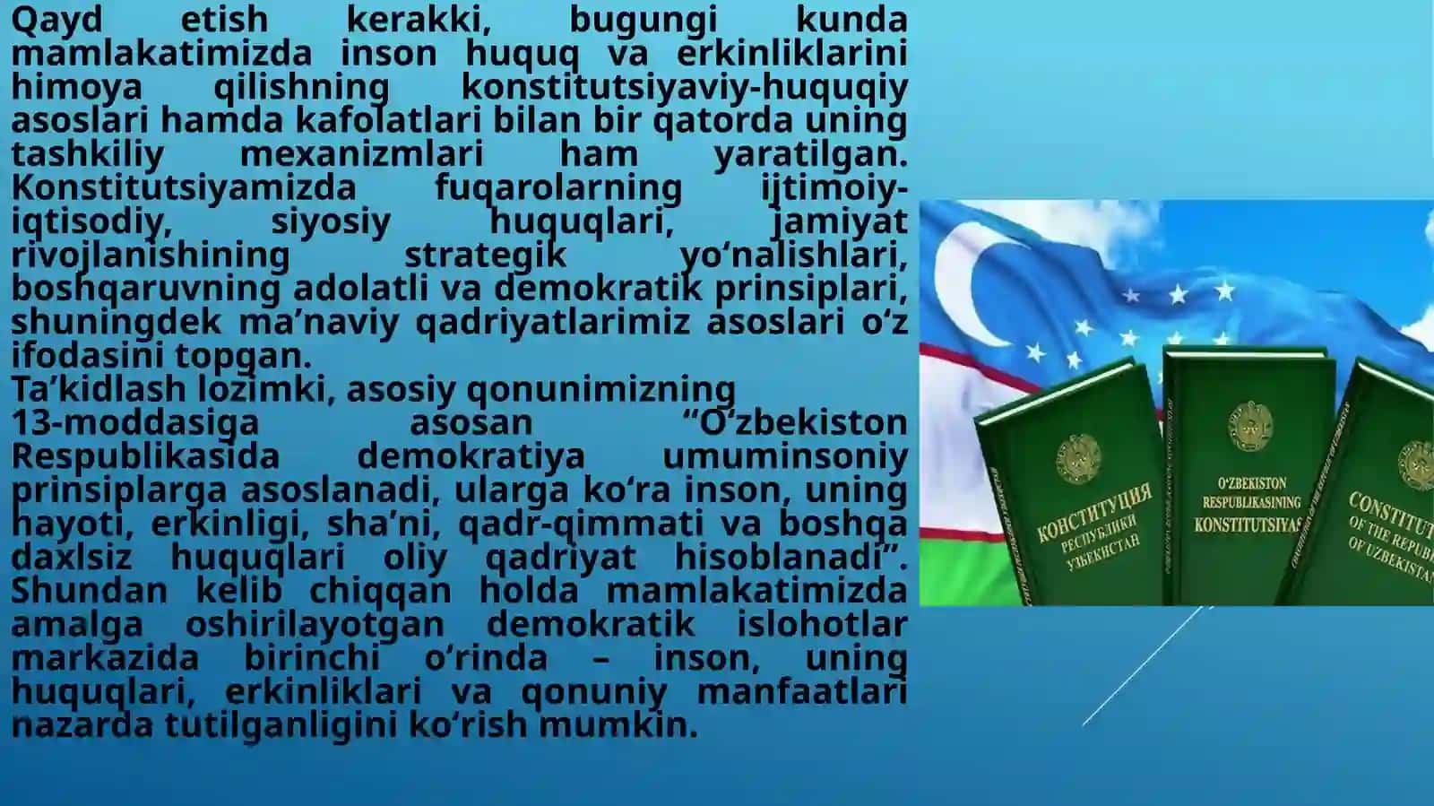 Prezentatsiya: Fuqarolarning O’zbekiston Respublikasi konstitutsiyasi bilan kafolatlangan huquq va erkinliklari 4