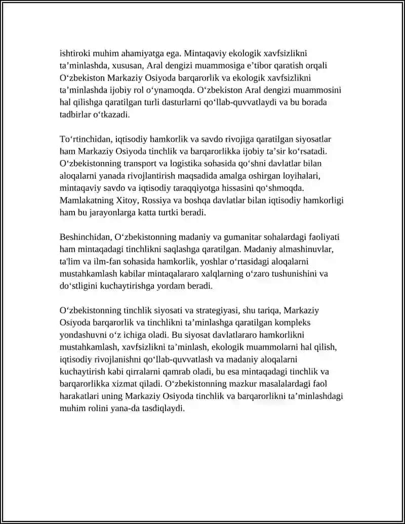O'ZBEKISTONNING MARKAZIY OSIYODA TINCHLIK VA BARQARORLIKNI TA'MINLASHDAGI O'RNI 4