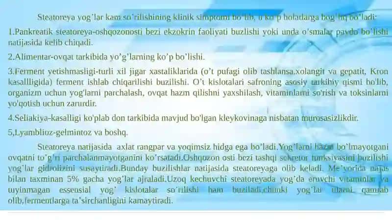 Surunkali gepatitlar. Xolesistitlarda yog'lar hazmlanishi buzilishi (steatoreya) 4