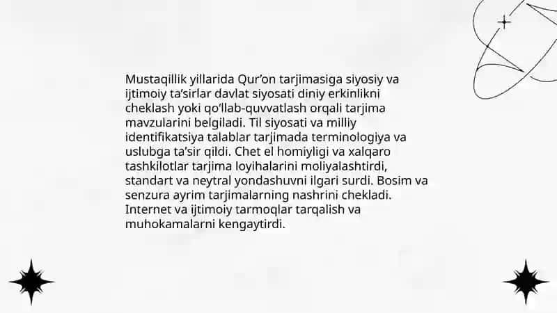 Mustaqillik yillarida quronning ozbek tiliga tarjima qilinishi va tafsirlari haqida taqdimot tayyorlash 4
