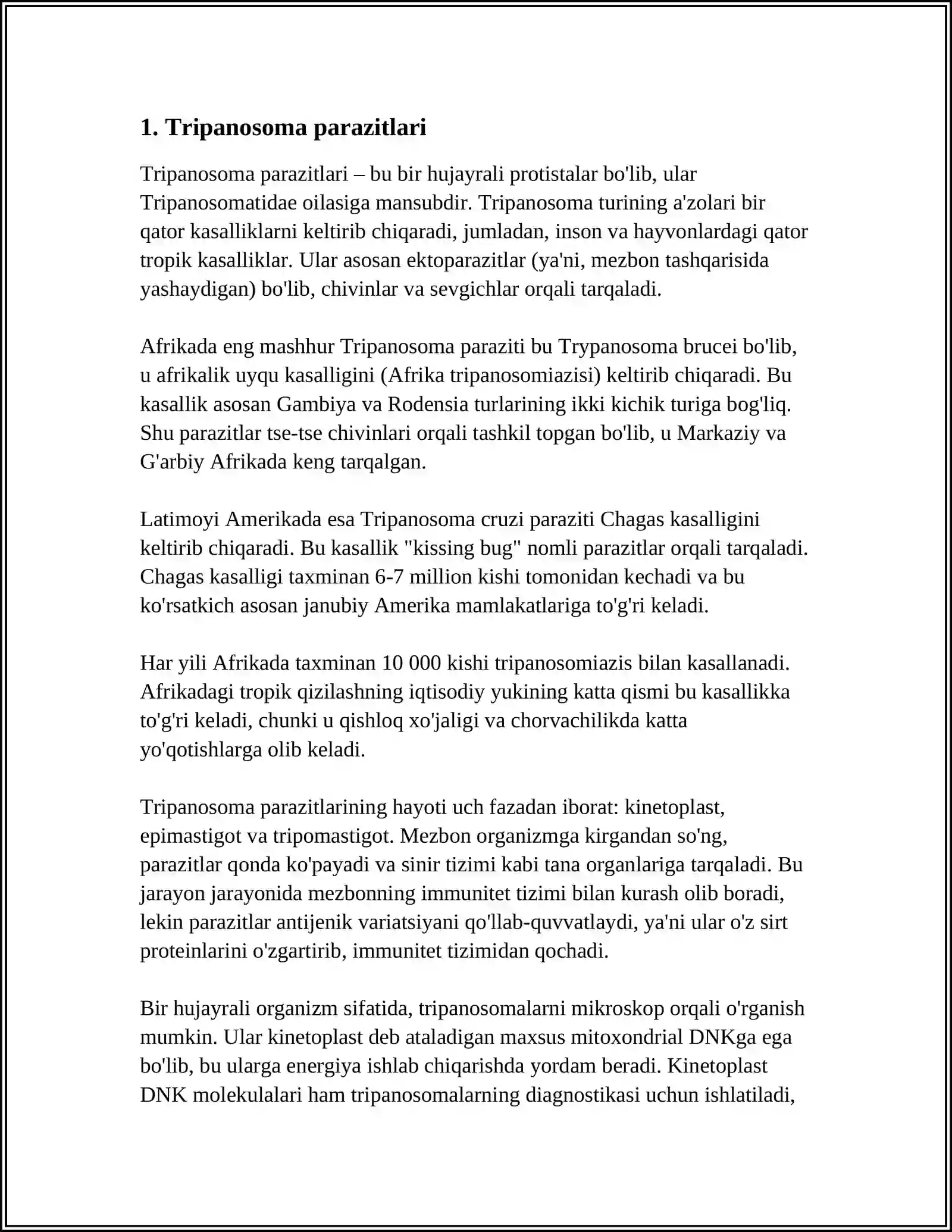 XIVCHINLILAR-ODAM PARAZITLARI:TRIPONOSOMA, LESHMANIYA, TRIXOMONADA, VA YAMBLIYA. SPORALILAR - ODAM PARAZITLARI, TOKSOPLAZMA. ICHAK PARAZITLARI:ICHBURUG' AMYOBASI, ICHAK BALANTIDIYASI 4