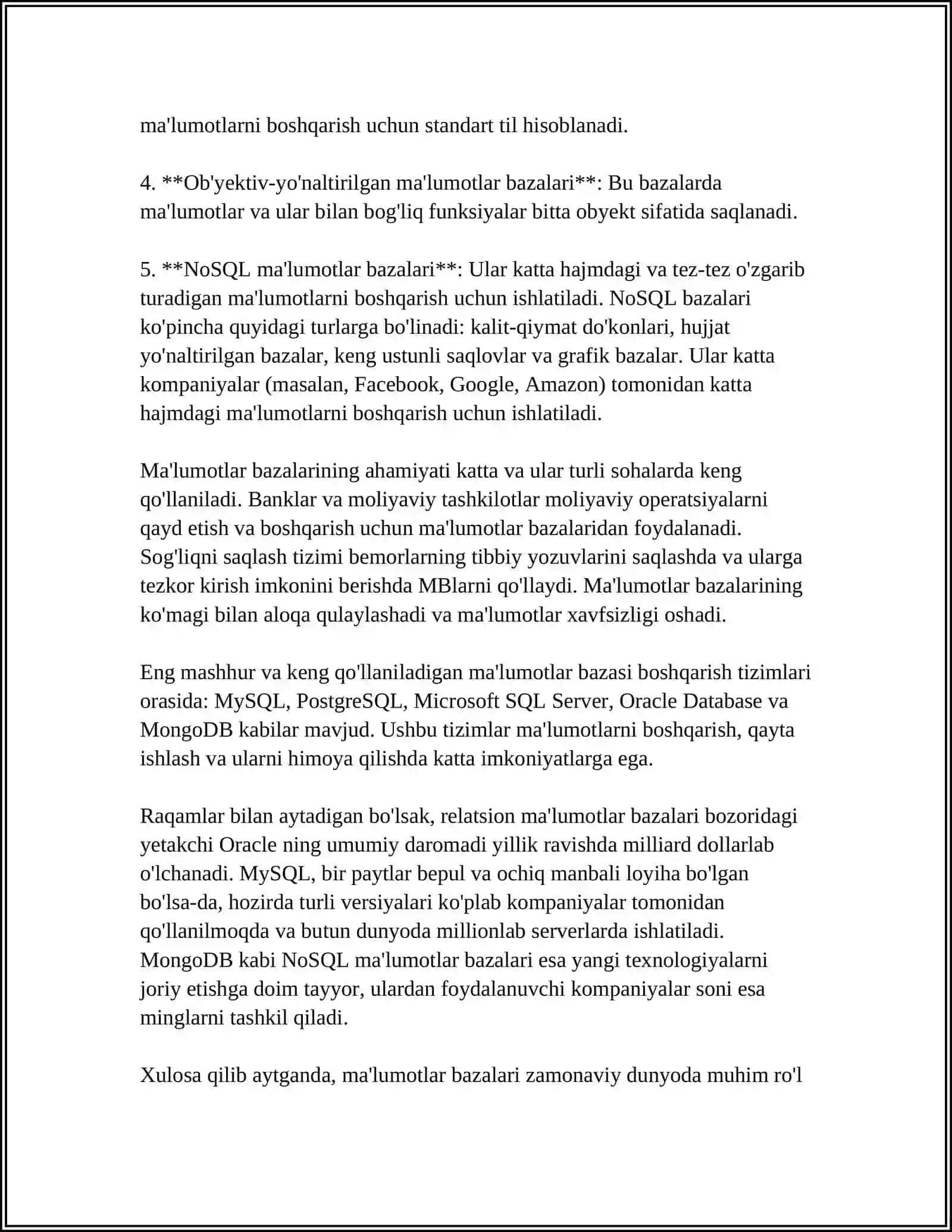 KICHIK LOYIHA – SQLDA ODDIY MA’UMOTLAR BAZASINI YARATISH, MA’LUMOTLAR KIRITISH VA TURLI SO‘ROVLAR YOZISH 4