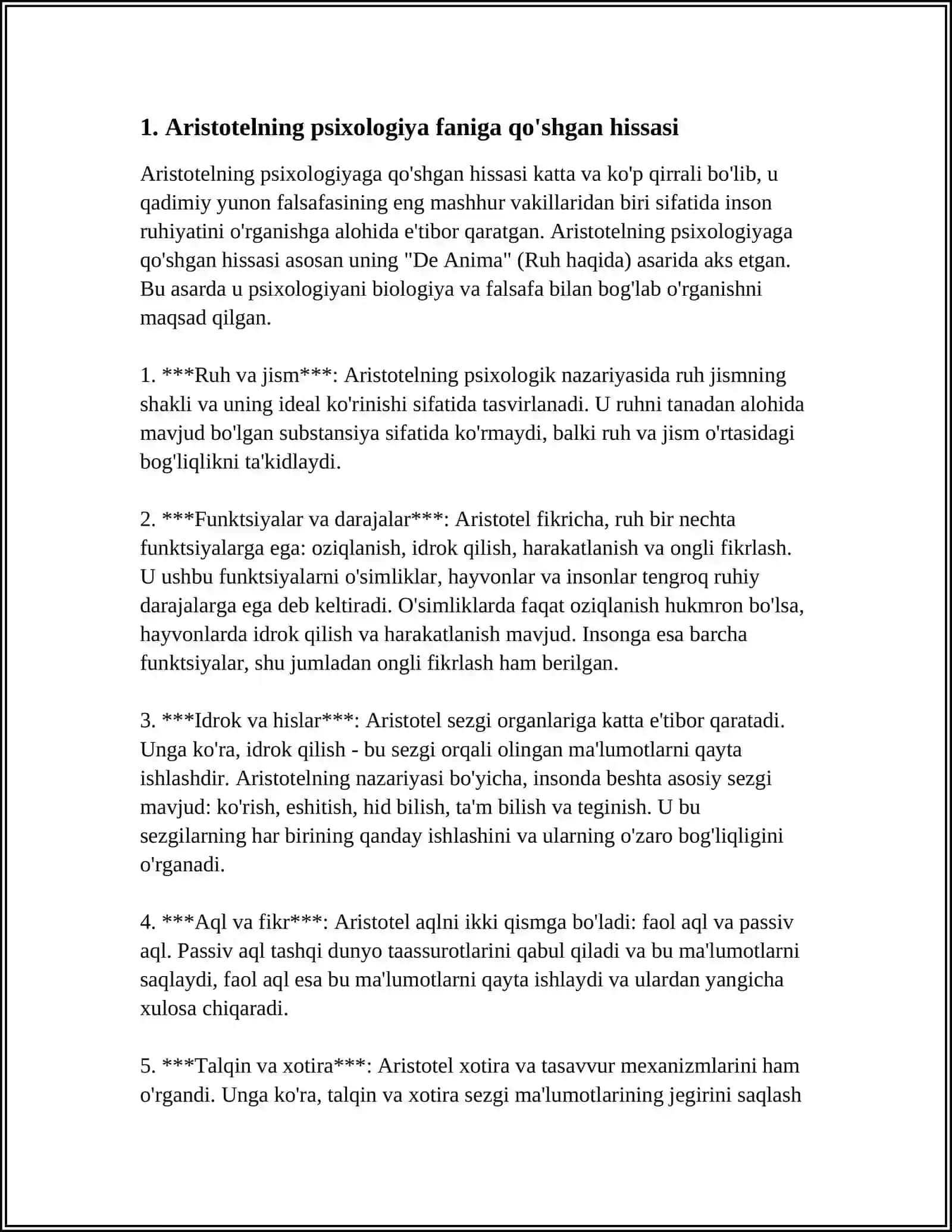 Aristotelning psixologiya faniga qo'shgan hissasi 4
