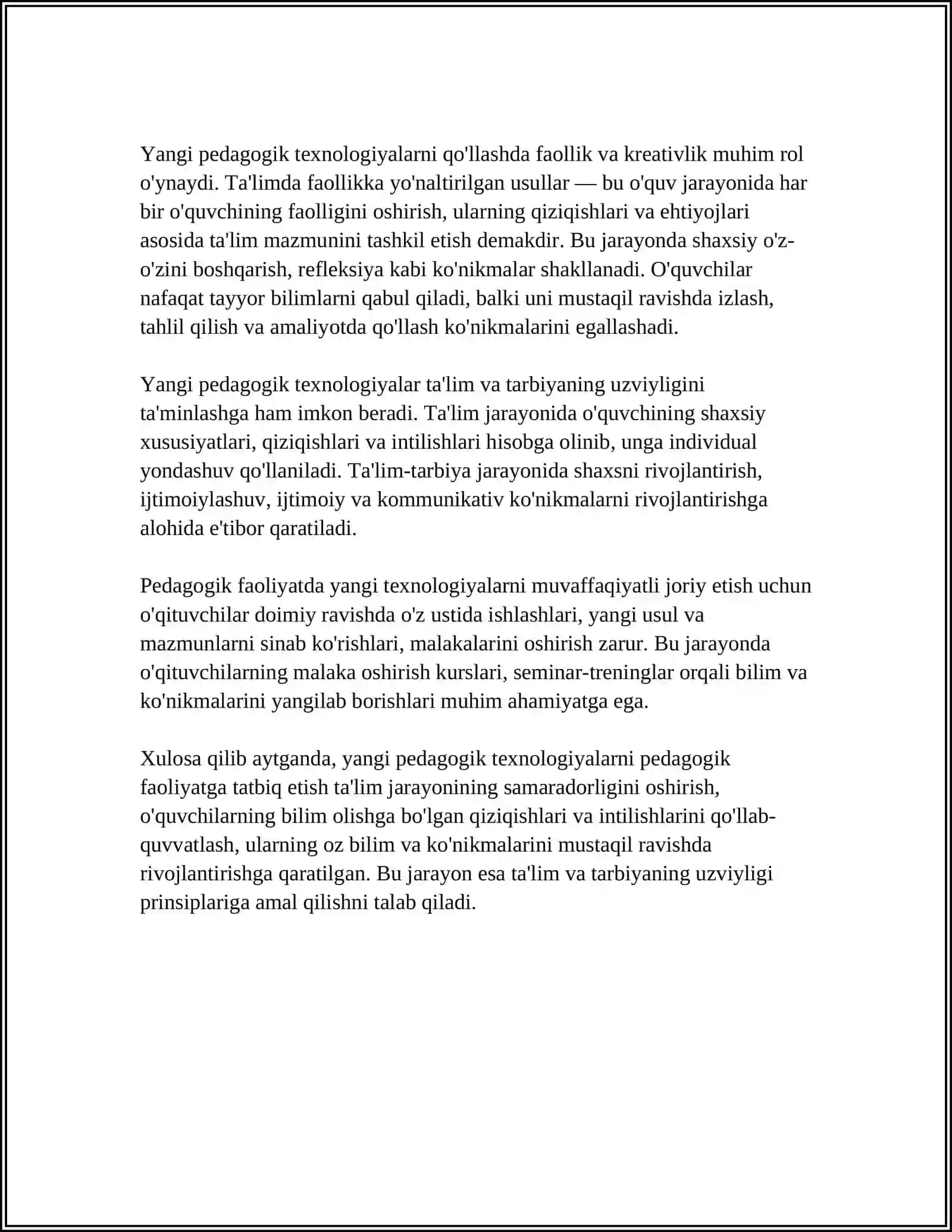 FAOLIYATDA YANGI PEDAGOGIK TEXNOLOGIYALARNI QO‘LLASH VA UNDA TA’LIM VA TARBIYANING UZVIYLIGI 4