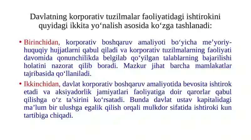 Davlat ulushi mavjud korporativ tuzilmalarda korporativ boshqaruv tizimi 4