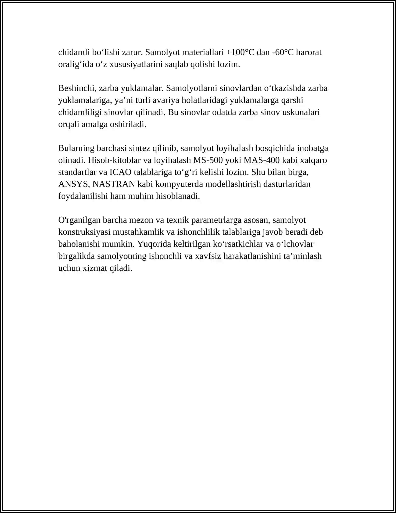 SAMOLYOTNING MUSTAHKAMLIK VA BIKIRLIK ME’YORLARI. PARVOZNING TURLI HOLATLARIDA SAMOLYOTNING XAVFSIZLIK KOEFFITSIENTINI HISOBLASH 4