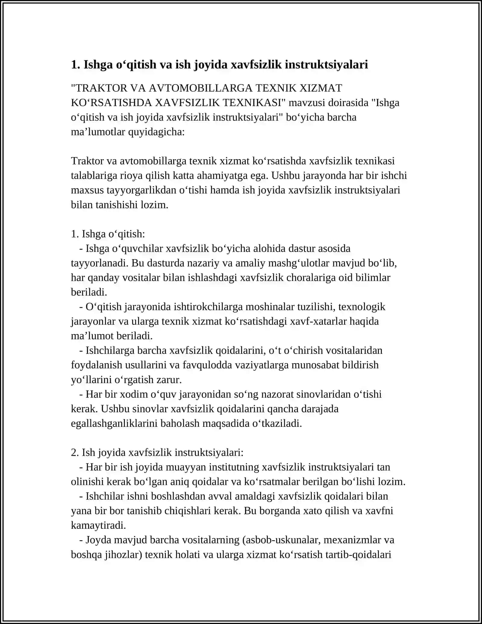 TRAKTOR VA AVTOMOBILLARGA TEXNIK XIZMAT KO‘RSATISHDA XAVFSIZLIK TEXNIKASI 4