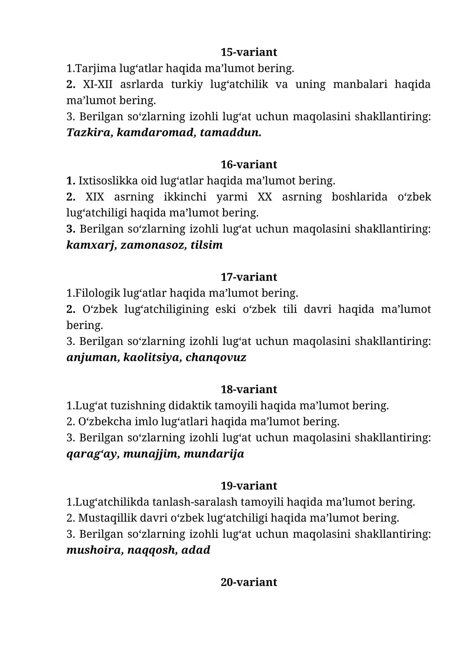 Zamonaviy leksikografiya asoslari fanidan yakuniy nazorat savollari 4