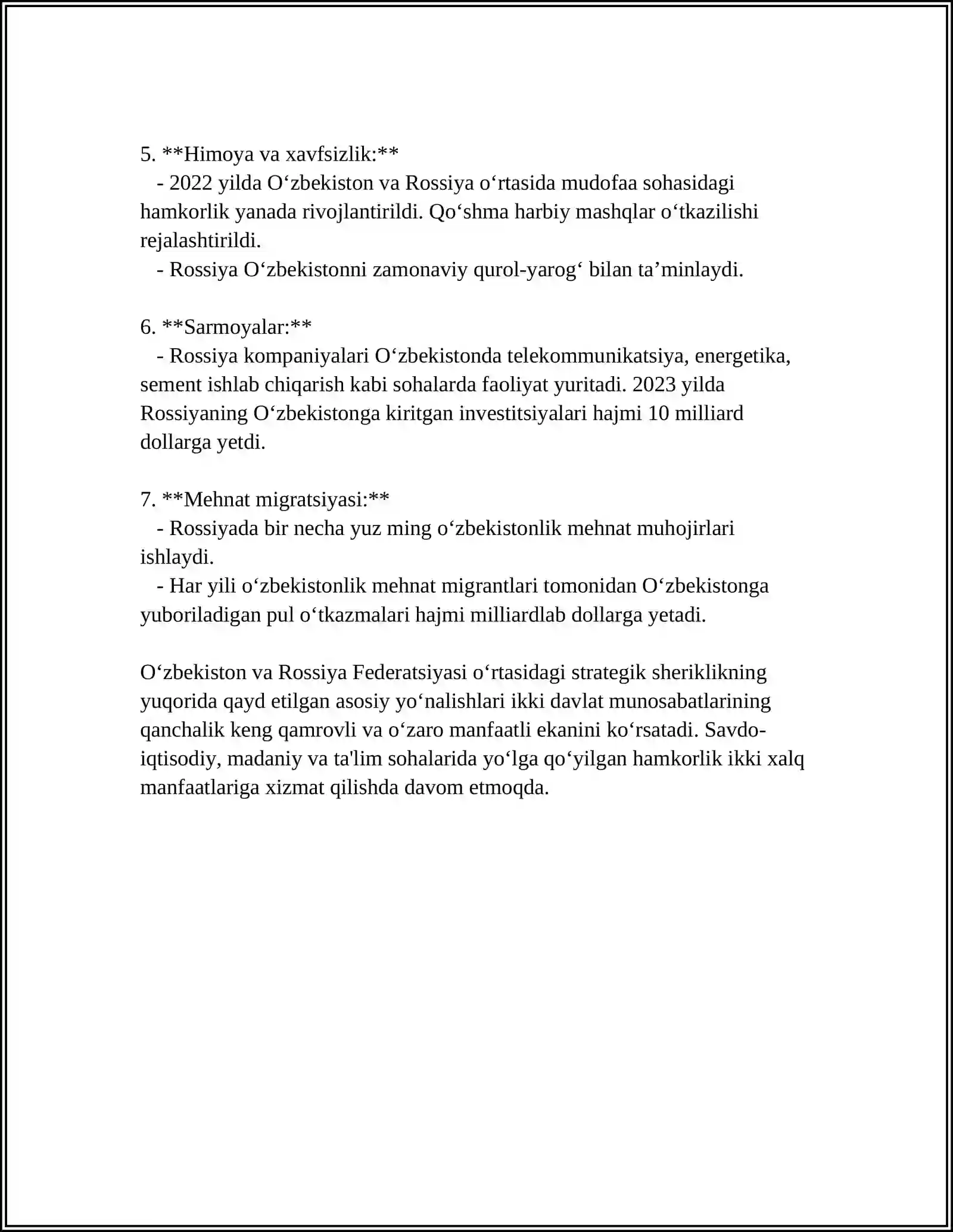 O'ZBEKISTON RESPUBLIKASINING ROSSIYA BILAN O'ZARO MUNOSABATLARI 4