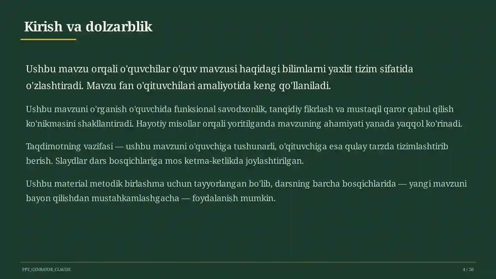 Dolzarb mavzular — maktab va o'qituvchilar (2026) 2
