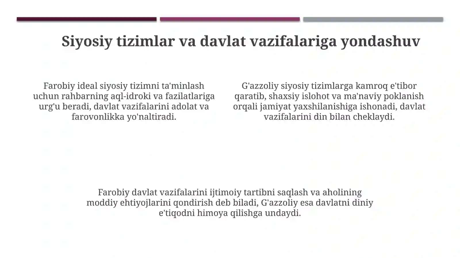 Forobiyning"Siyosatfalsafasi"vaGʻazzoliyning"Kimyoisaodat"asarlariorasidagifarq 4