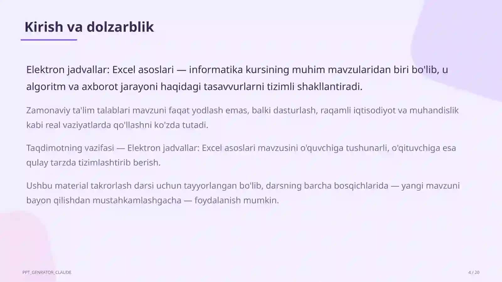 Elektron jadvallar: Excel asoslari (7-sinf) 4