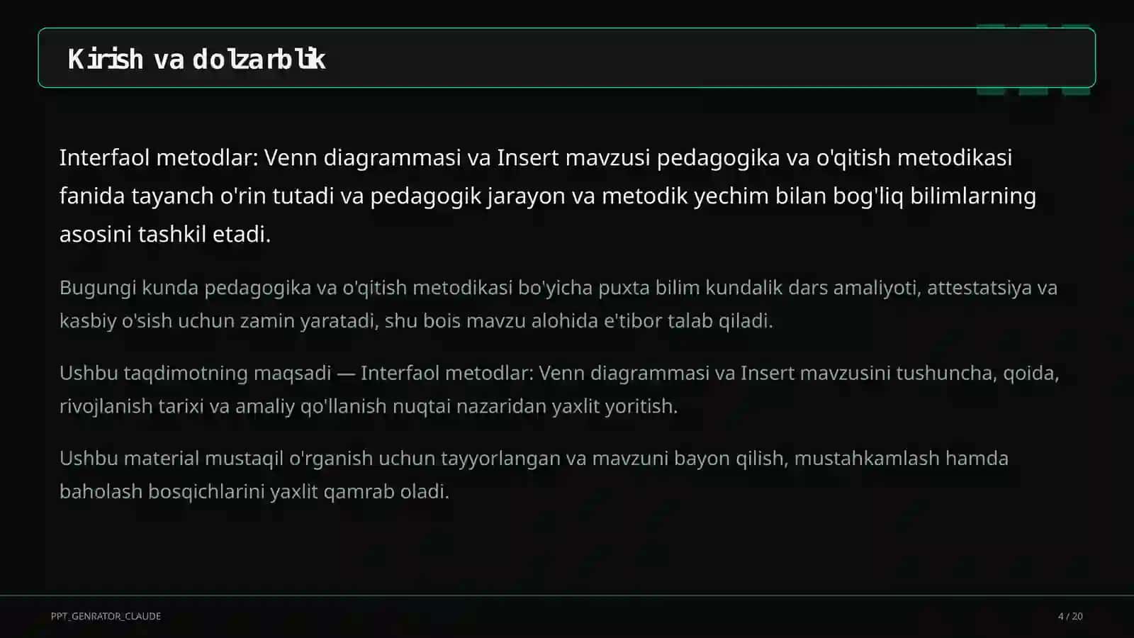Interfaol metodlar: Venn diagrammasi va Insert 4