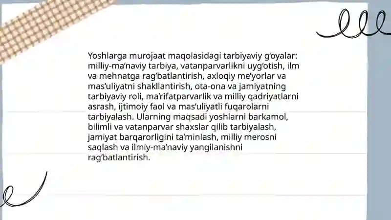 M.Behbudiyning "Yoshlarga murojaat" va "Muhtaram yoshlarga murojaat" maqolalarini tahlil etish va esse tayyorlash 4
