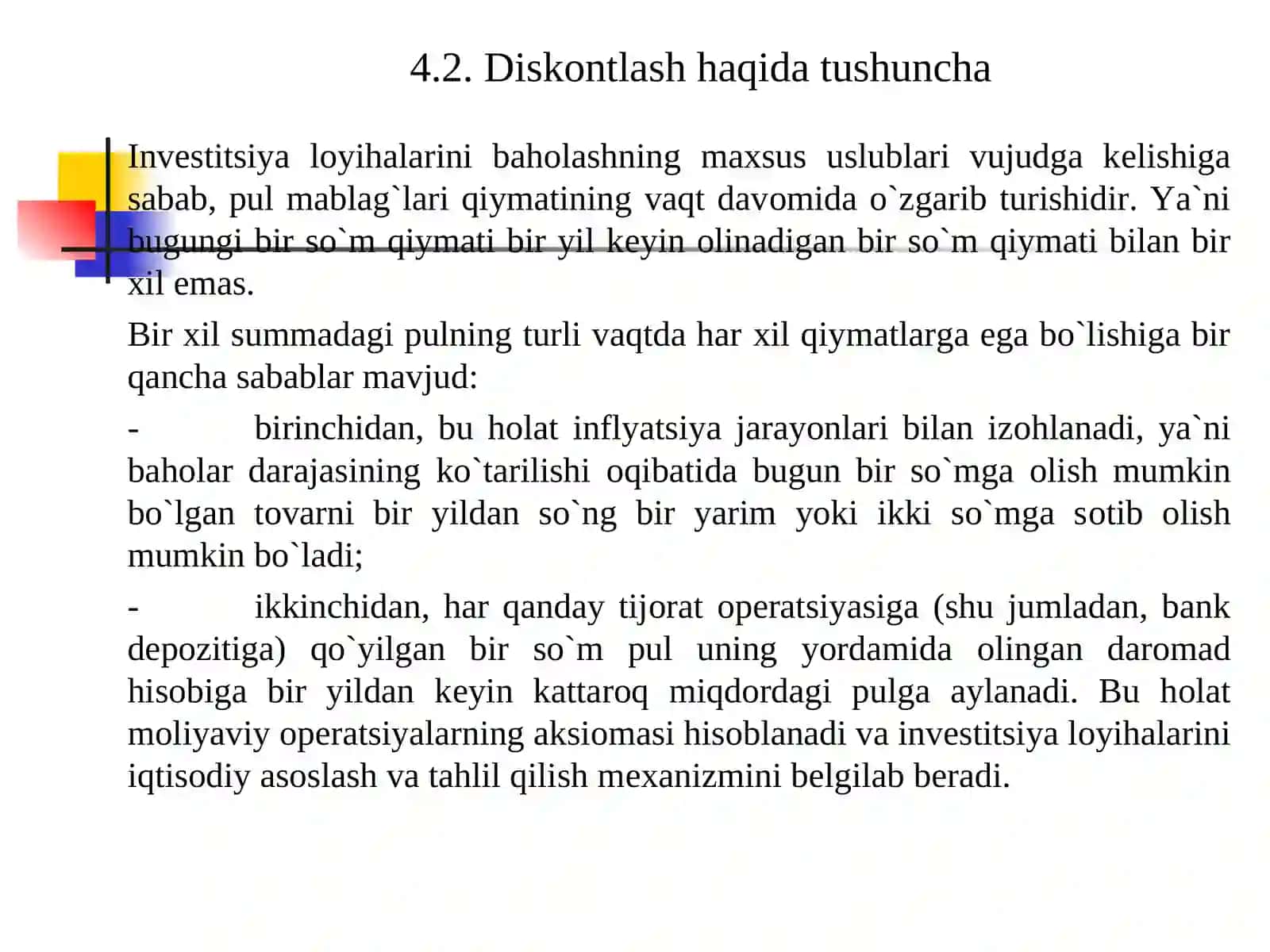 INVESTITSIYA LOYIHALARINI MOLIYAVIY-IQTISODIY BAHOLASHNING USLUBIY ASOSLARI 4