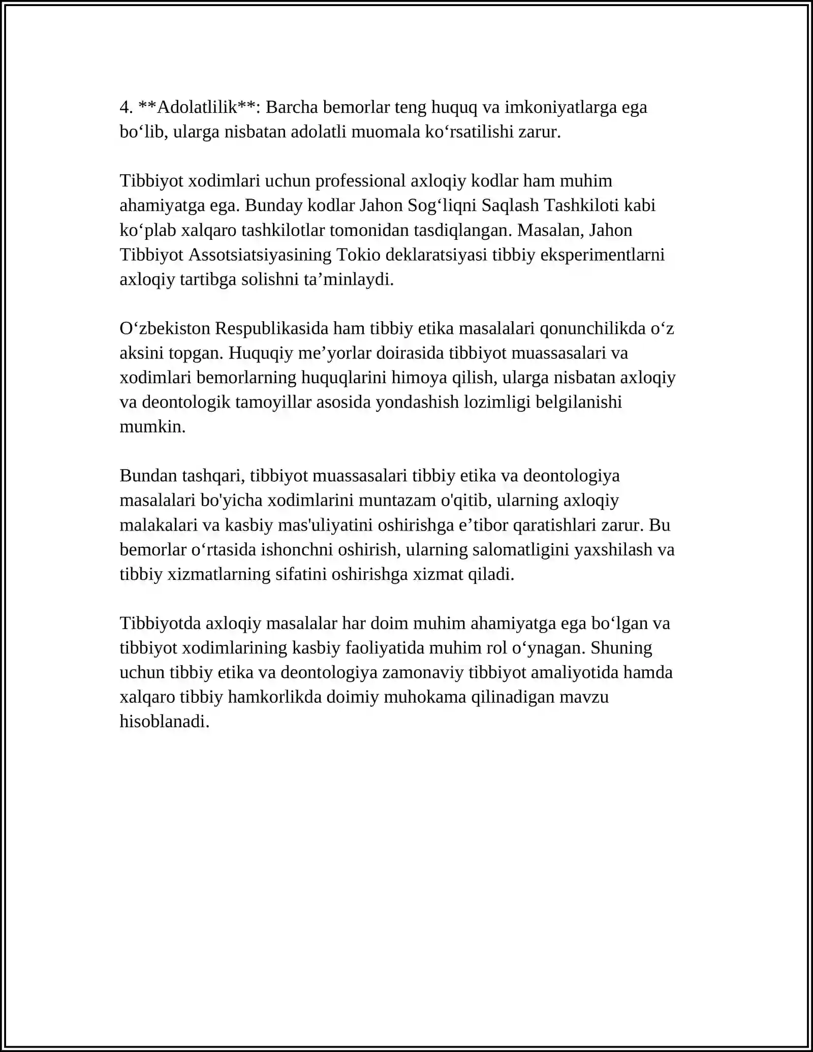 Tibbiy Etika va Deontologiya Asoslari Referat 4