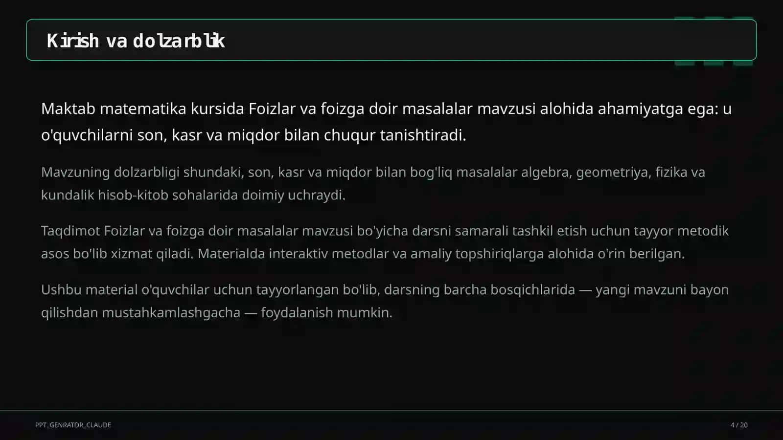 Foizlar va foizga doir masalalar (5-sinf) 4