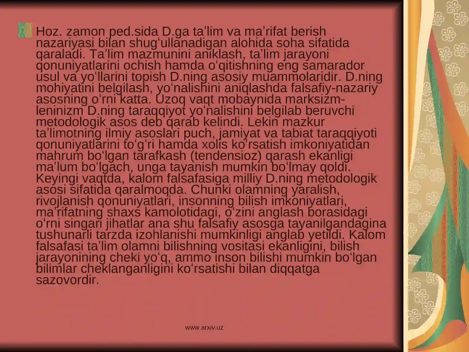 Didaktika –ta’lim nazariyasi sifatida. Ta’lim tamoyillari 4