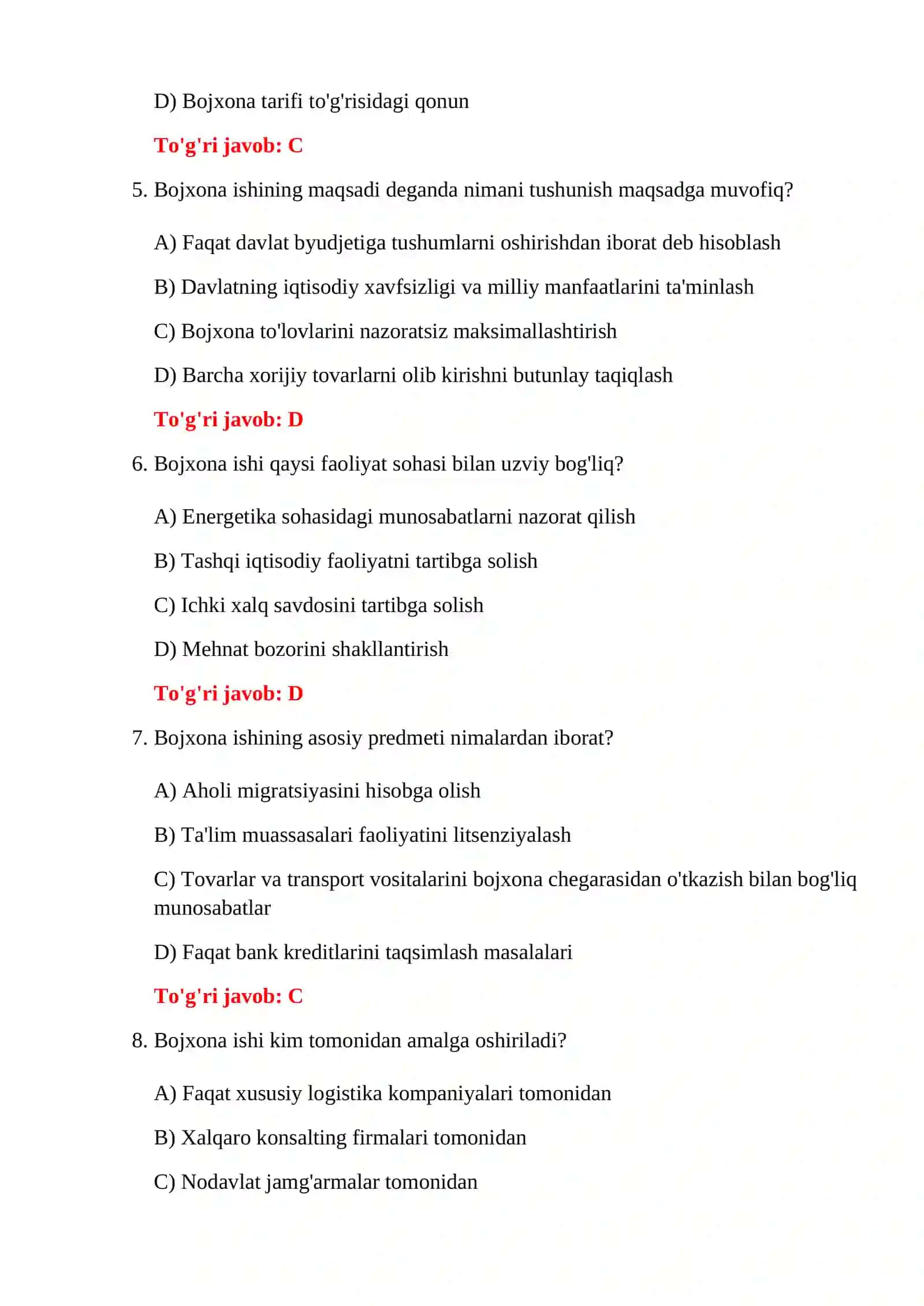 Bojxona Kodeksi Test Savollari 4